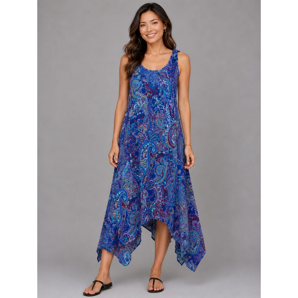 Chico’s Paisley Handkerchief Hem Dress Size 1 US 8/10 Blue Sleeveless Boho Midi